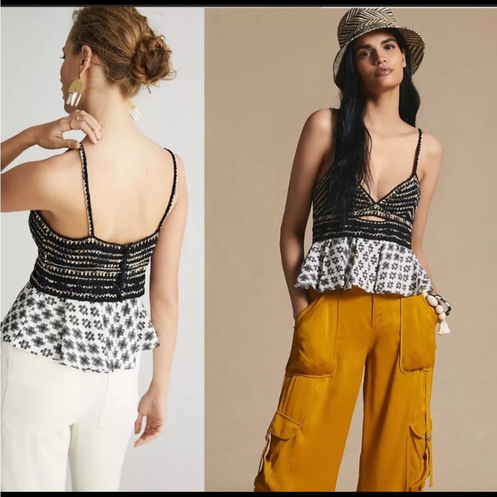 NWT Anthropologie Stylish Black gold and white  Patterned peplum Top